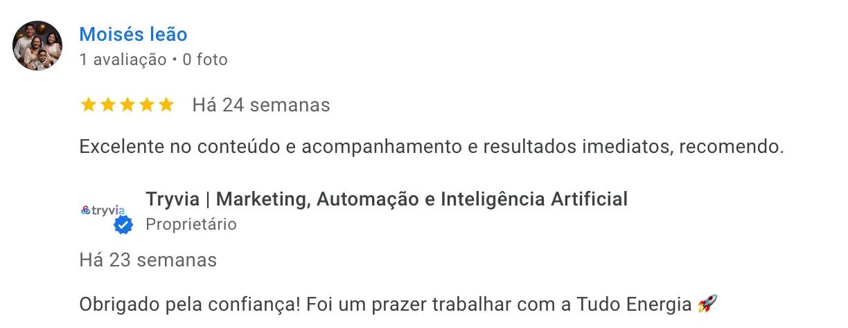 Avaliação 5 estrelas de Moisés Leão - Parceiro estratégico de confiança