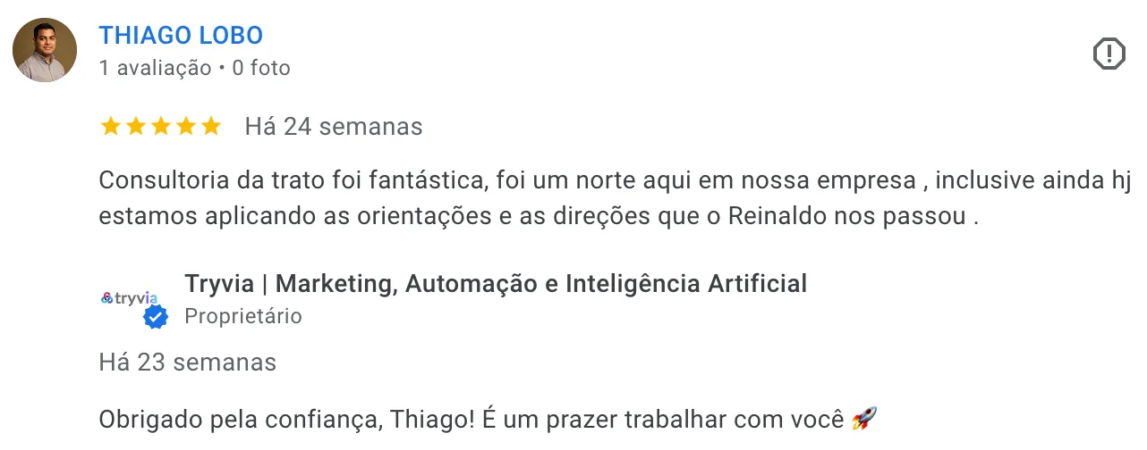 Avaliação 5 estrelas de Thiago Lobo - Transformaram nossa operação comercial