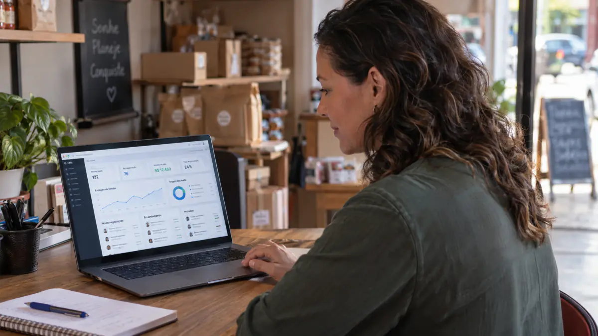 Empreendedora acompanhando o funil de vendas no CRM pelo notebook, na loja dela