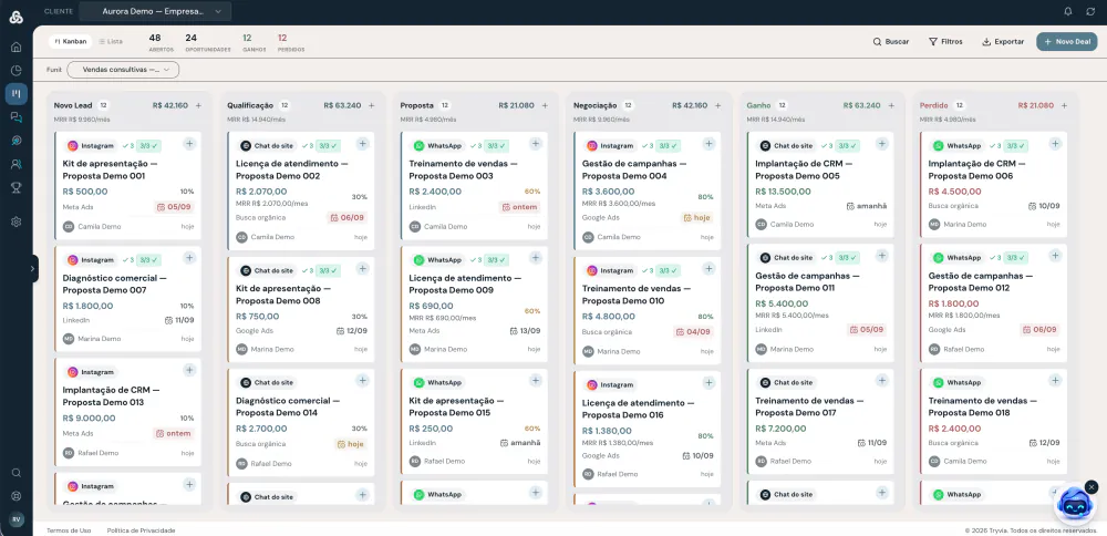 Print real do funil de vendas em Kanban no CRM do Tryvia Hub Marketing