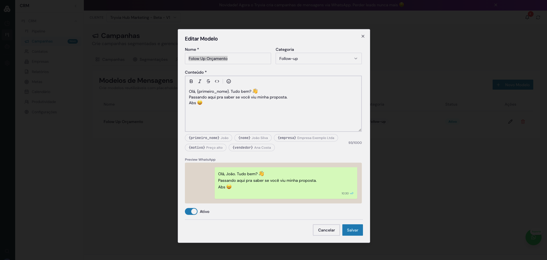 Campanhas de WhatsApp no CRM Tryvia — Modelos de mensagens