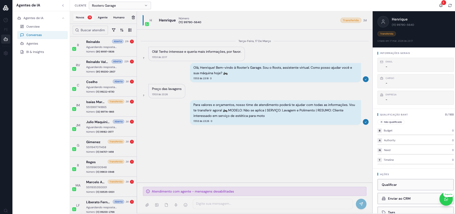 Roots: agente de IA atendendo no WhatsApp da Rooters Garage