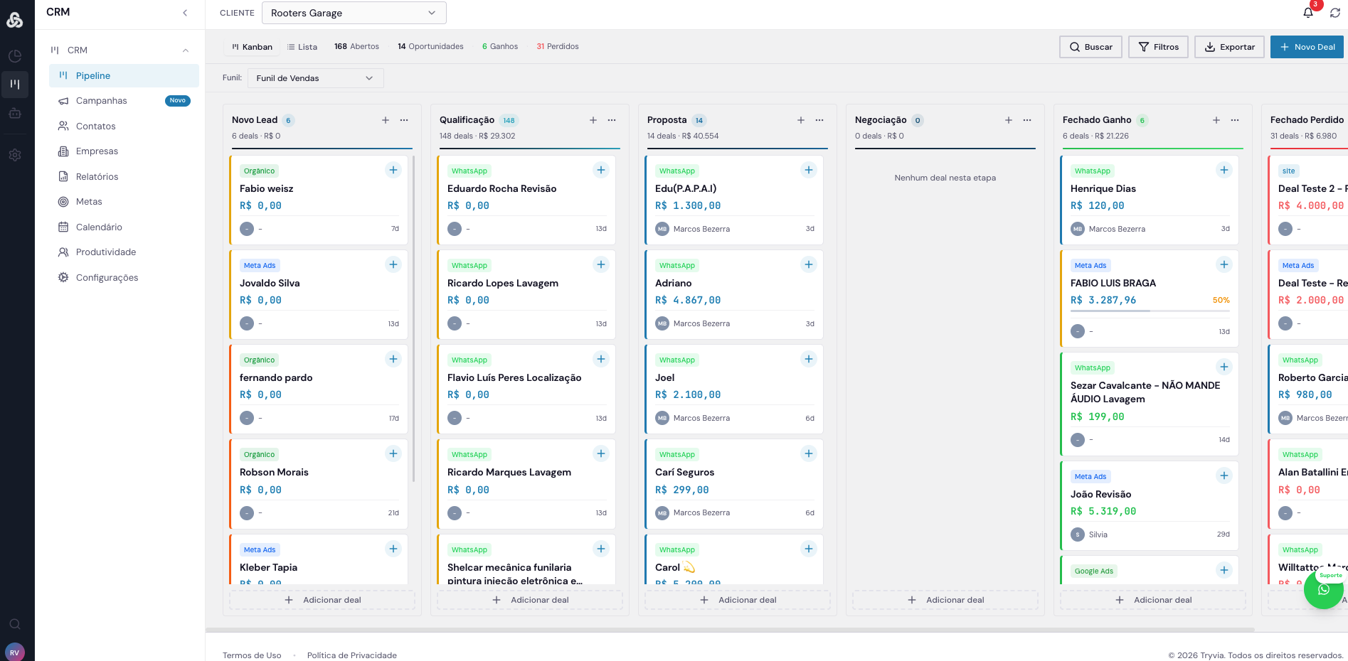 CRM da Rooters Garage com pipeline de orçamentos
