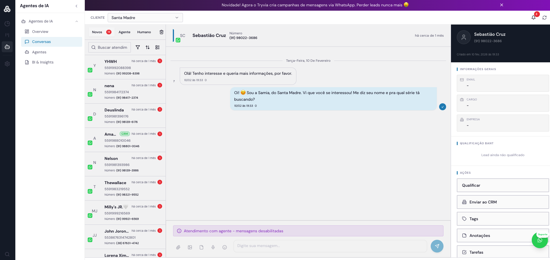 SAMIA em ação: atendimento automatizado no WhatsApp do Colégio Santa Madre